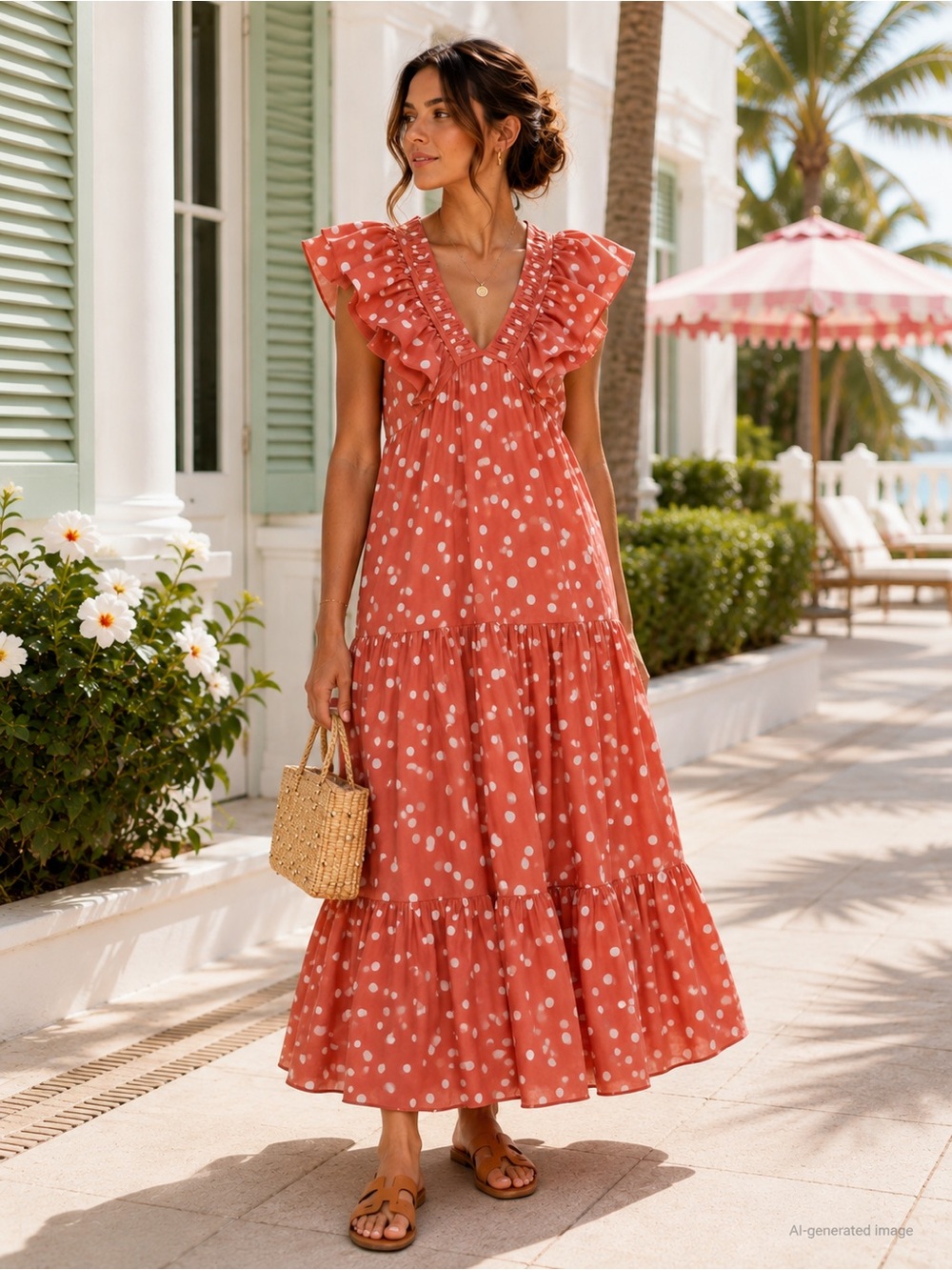 Roller Rabbit Ondine Clay Polka Dot Ruffle Maxi Dress L